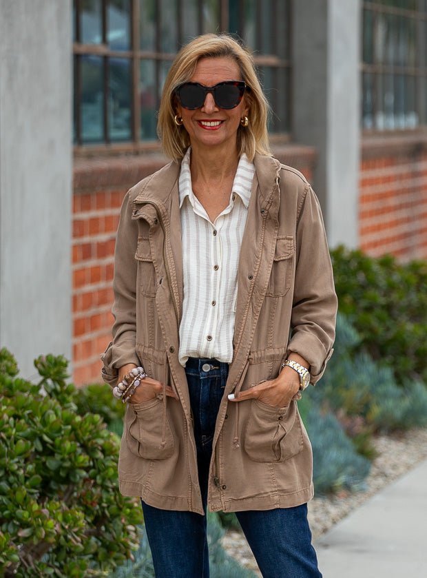 Taupe Cargo Jacket With Drawstring Cord Belt - Just Style LA