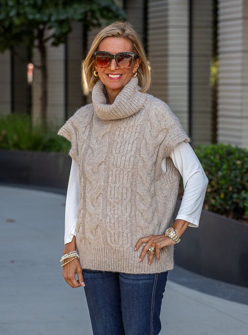 Taupe Cowl Neck Cable Knit Sweater Vest - Just Style LA