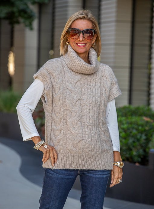 Taupe Cowl Neck Cable Knit Sweater Vest - Just Style LA