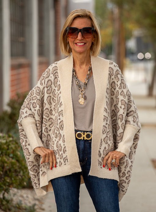 Taupe Cream Leopard Cape Cardigan - Just Style LA