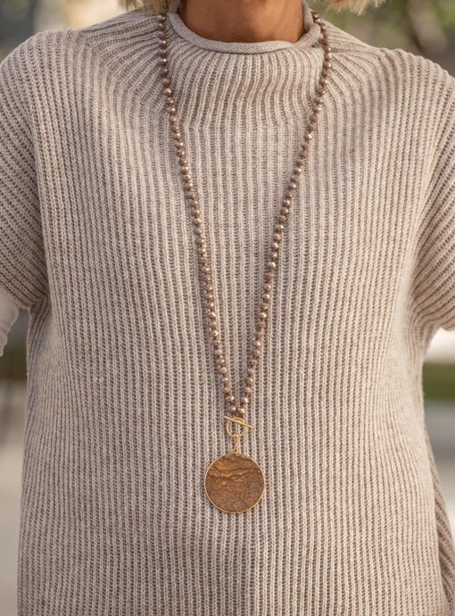 Taupe Iridescent Bead Necklace With Marbleized Pendant - Just Style LA