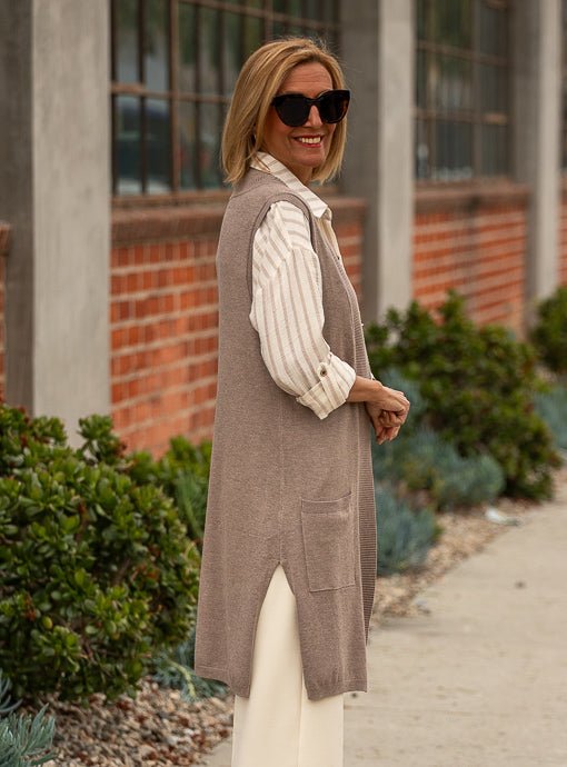 Taupe Lightweight Open Front Cardigan Vest - Just Style LA