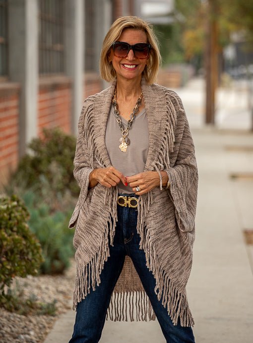 Taupe Melange Space Dye Yarn Cardigan With Fringe - Just Style LA