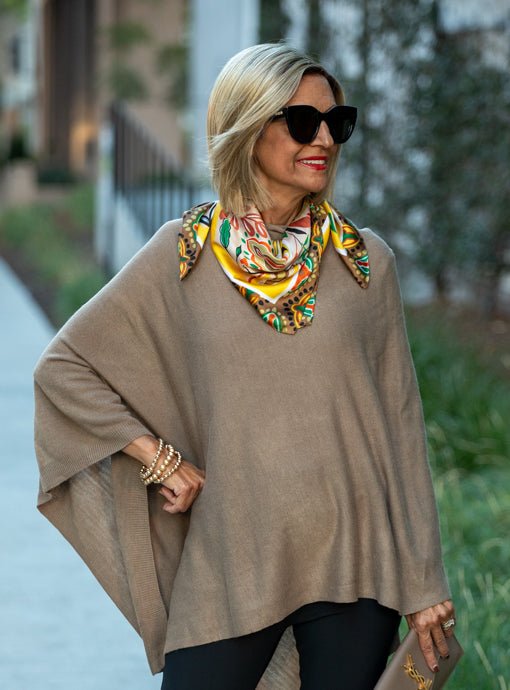 Taupe Multi Leaf Pattern Silky Neck Scarf - Just Style LA