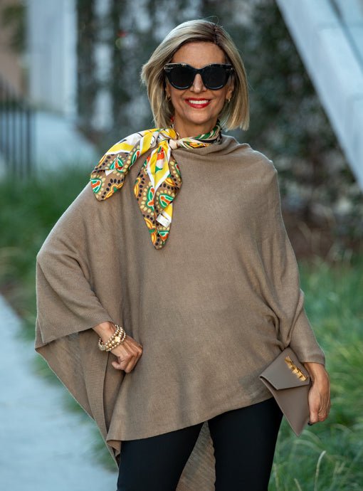 Taupe Multi Leaf Pattern Silky Neck Scarf - Just Style LA