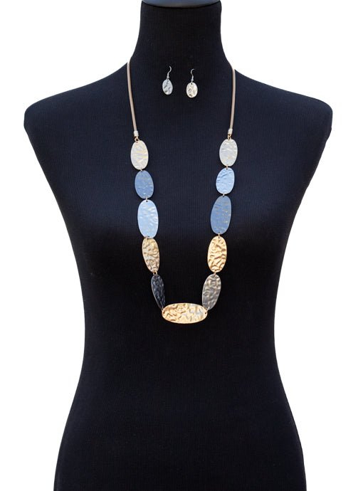 Tricolor Hammered Metal Necklace And Earring Set - Just Style LA