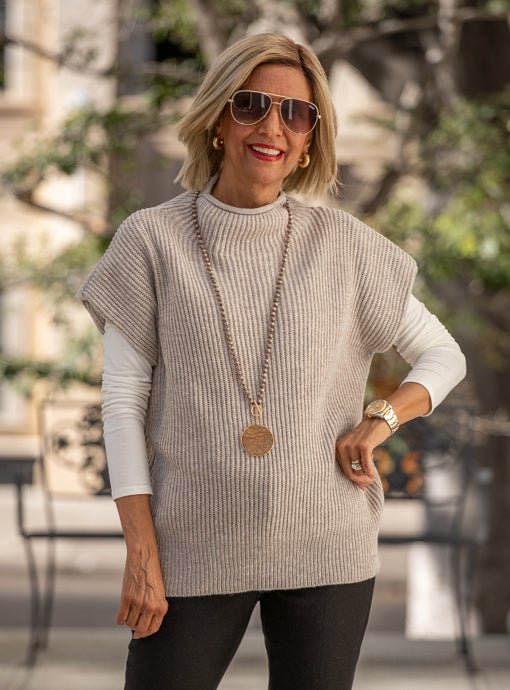 Wheat Mock Neck Ribbed Sweater Vest - Just Style LA