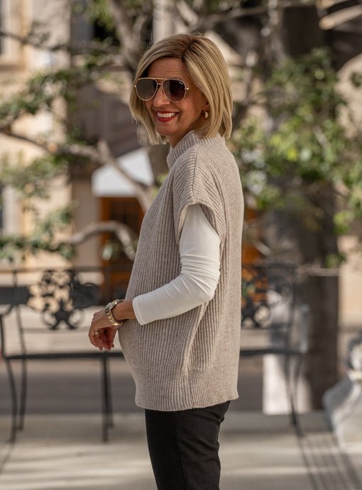 Wheat Mock Neck Ribbed Sweater Vest - Just Style LA