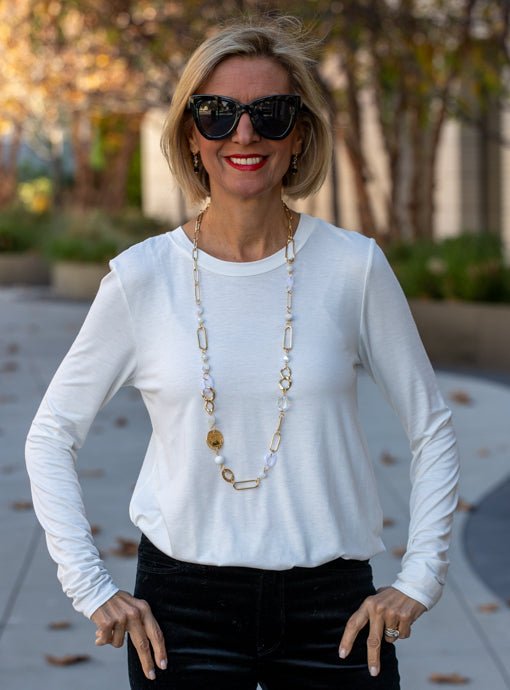 White Bead And Gold Chain Link Necklace And Earring Set - Just Style LA