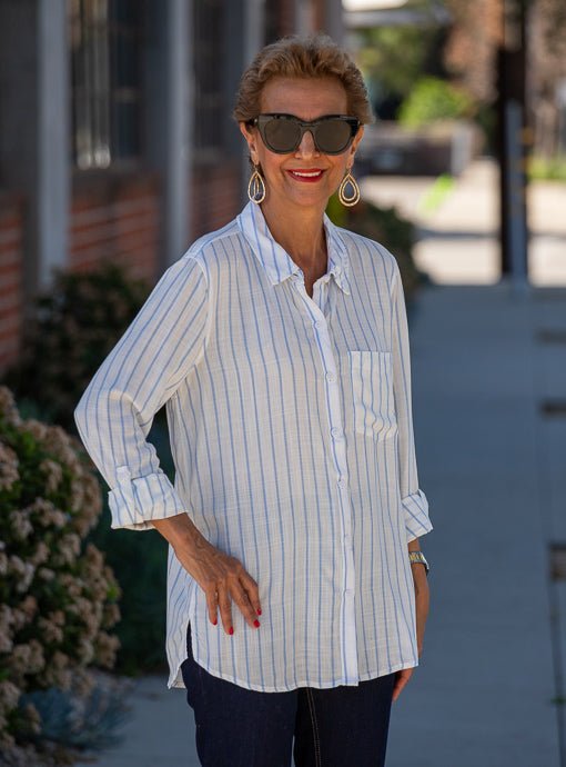White Shirt With Chambray Blue Stripes With Roll Up Sleeves – Just Style LA
