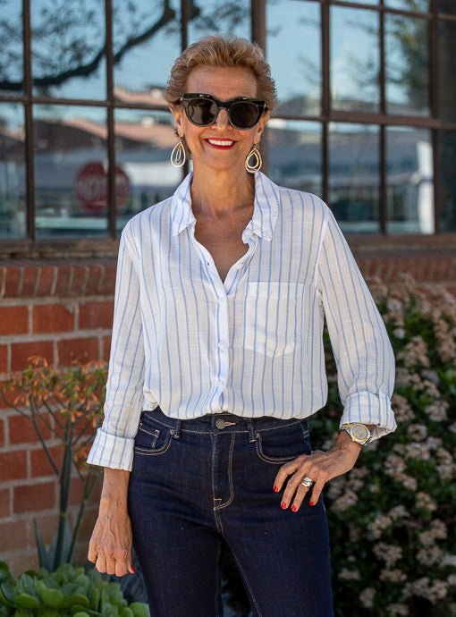White Shirt With Chambray Blue Stripes With Roll Up Sleeves – Just