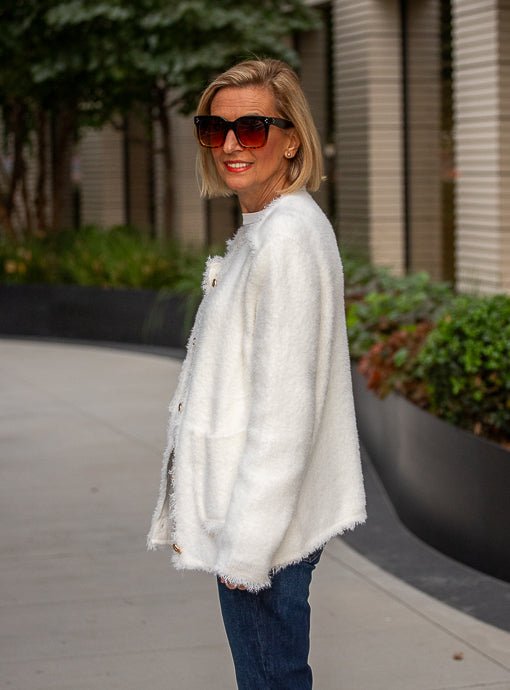 Winter White Fuzzy Knit Cardigan Jacket - Just Style LA