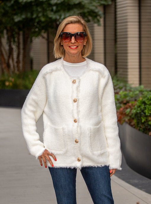 Winter White Fuzzy Knit Cardigan Jacket - Just Style LA