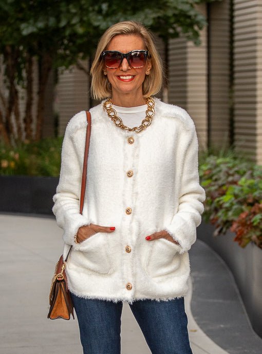 Winter White Fuzzy Knit Cardigan Jacket - Just Style LA