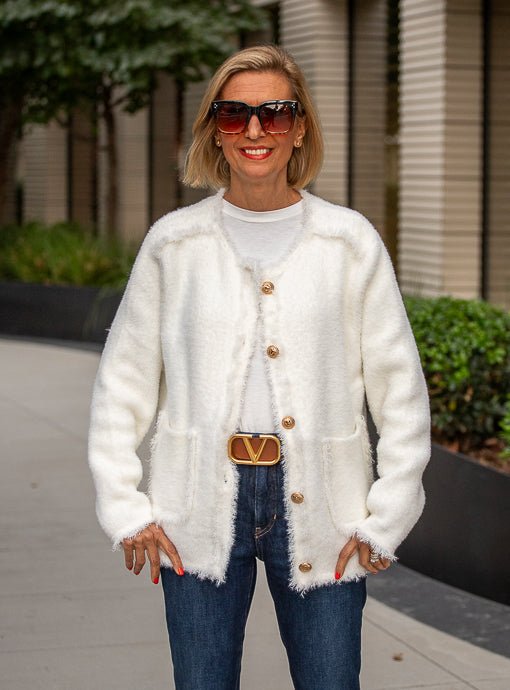 Winter White Fuzzy Knit Cardigan Jacket - Just Style LA