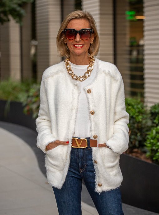 Winter White Fuzzy Knit Cardigan Jacket - Just Style LA