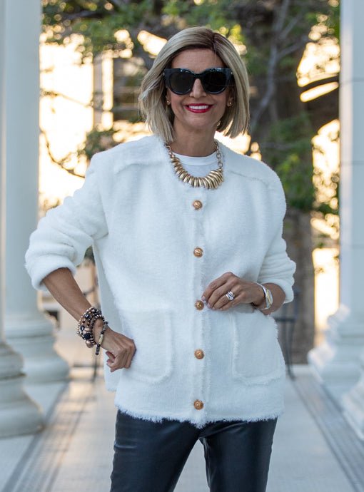 Winter White Fuzzy Knit Cardigan Jacket - Just Style LA