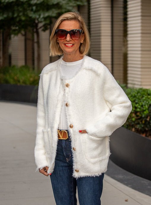 Winter White Fuzzy Knit Cardigan Jacket - Just Style LA