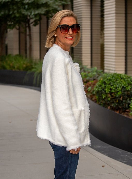 Winter White Fuzzy Knit Cardigan Jacket - Just Style LA