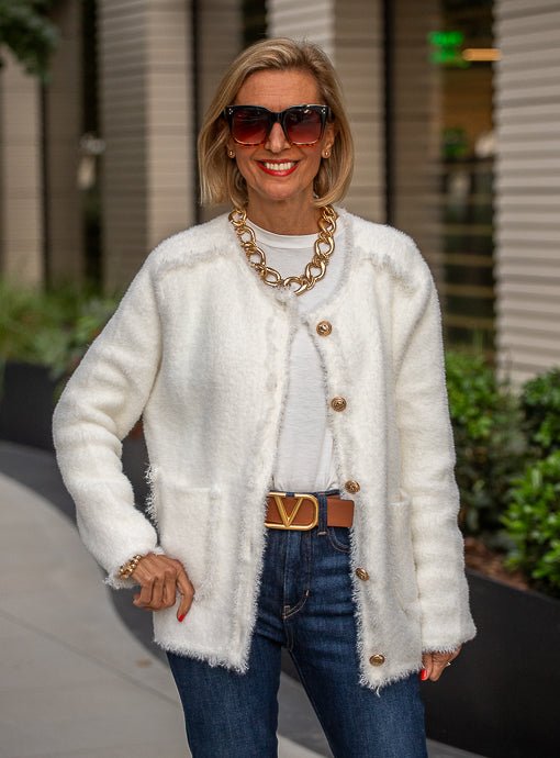 Winter White Fuzzy Knit Cardigan Jacket - Just Style LA