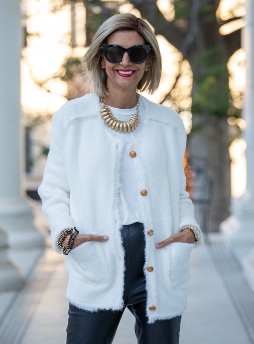 Winter White Fuzzy Knit Cardigan Jacket - Just Style LA
