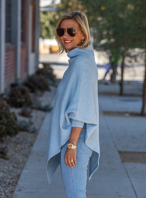 Baby Blue Pull On Poncho With Sleeves - Just Style LA