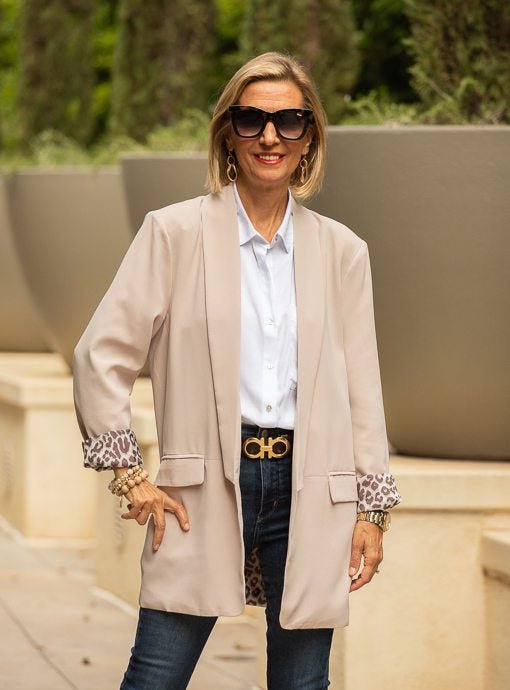 Beige Oversized Long Blazer With Leopard Lining – Just Style LA