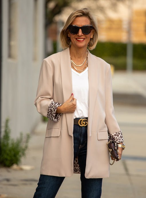 Beige Oversized Long Blazer With Leopard Lining – Just Style LA