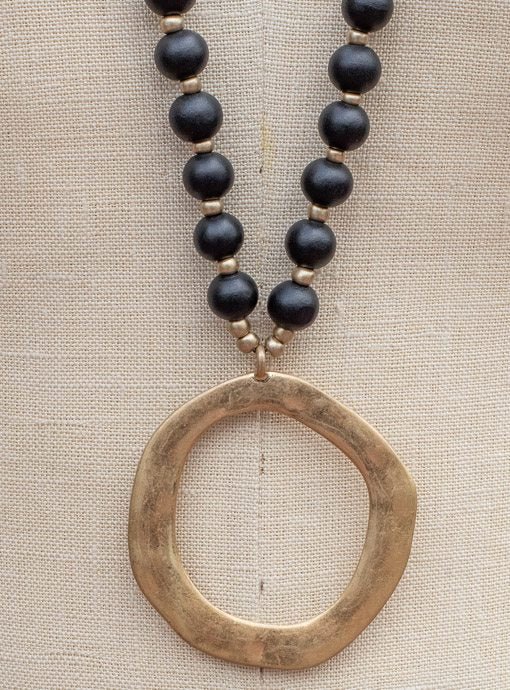 Black and Gold Bead Necklace with Gold Pendant - Just Style LA