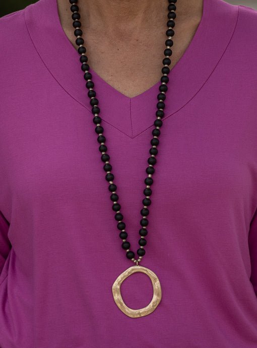 Black and Gold Bead Necklace with Gold Pendant - Just Style LA