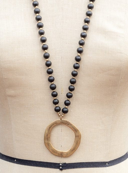 Black and Gold Bead Necklace with Gold Pendant - Just Style LA