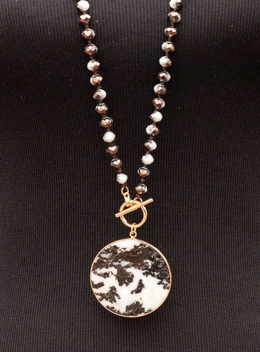 Black and white Iridescent Bead Necklace With Marbleized Pendant - Just Style LA