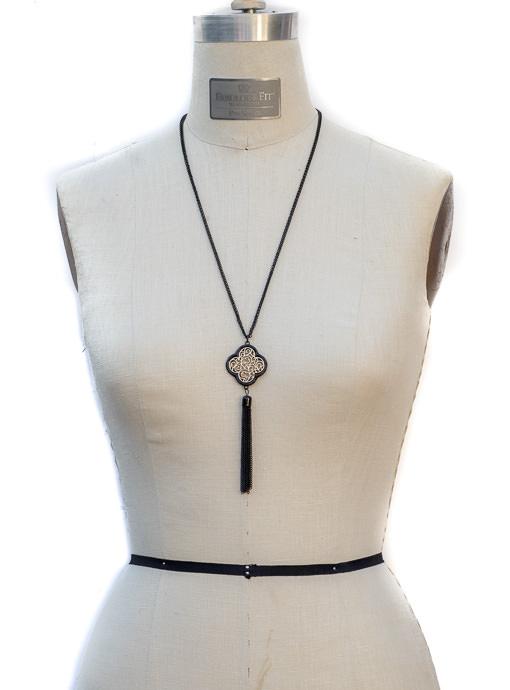 Black Chain Necklace With Black And Gold Clover Pendant - Just Style LA