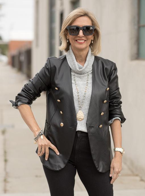 Black Faux Leather Double Breasted Jacket - Just Style LA