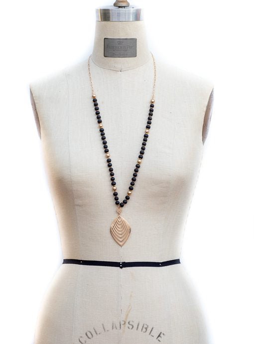 Black Gold Bead Necklace With Gold Leaf Pendant - Just Style LA