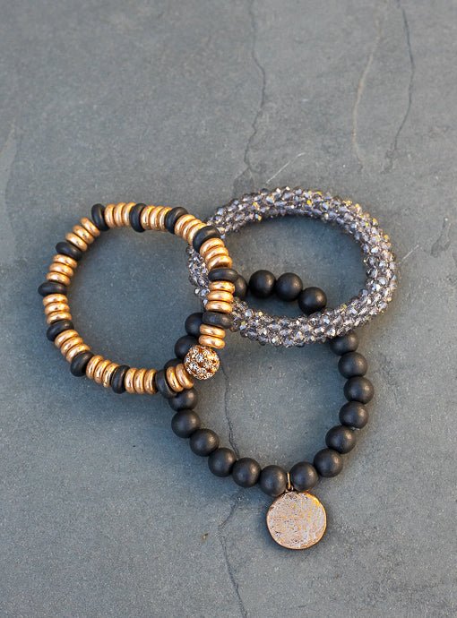 Black Gold Gray Three Piece Bracelet Set With Charm - Just Style LA