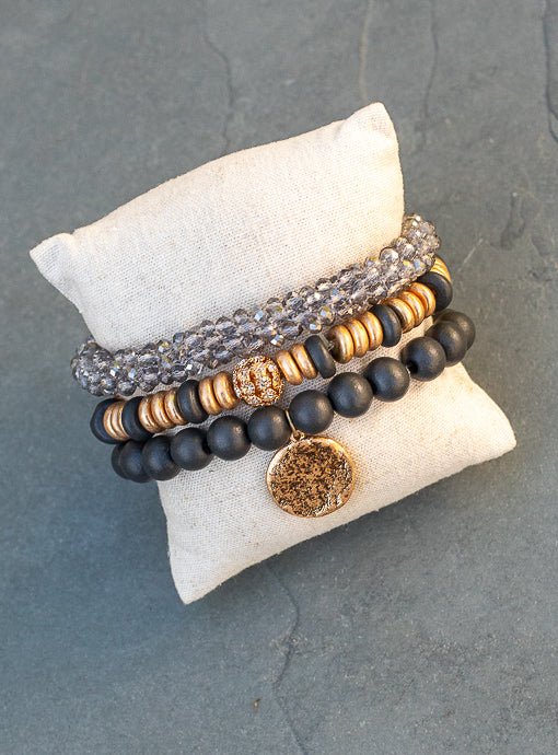 Black Gold Gray Three Piece Bracelet Set With Charm - Just Style LA