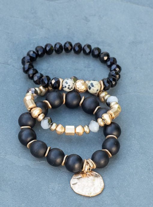 Black Gold Three Piece Bracelet Set With Charm - Just Style LA