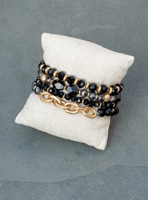 Black Gray Glass And Gold Bead Bracelet Set of Four - Just Style LA