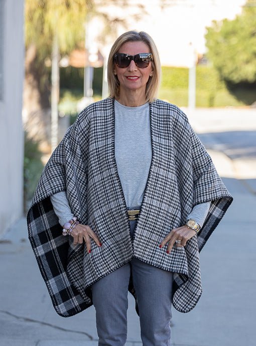 Black Gray Plaid Houndstooth Reversible Poncho - Just Style LA