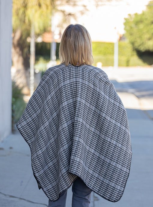 Black Gray Plaid Houndstooth Reversible Poncho - Just Style LA
