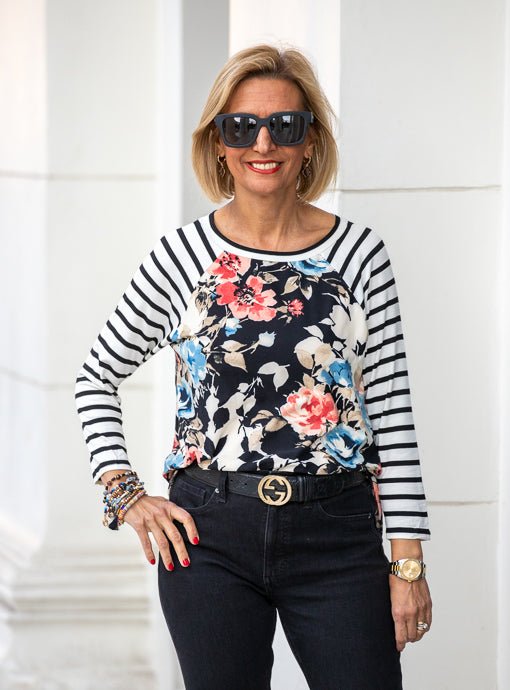 Black Ivory Blue Floral Stripe Top – Just Style LA