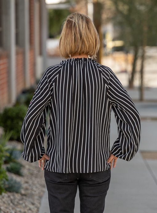 Black Ivory Stripe Blouse With Embroidery Detail - Just Style LA