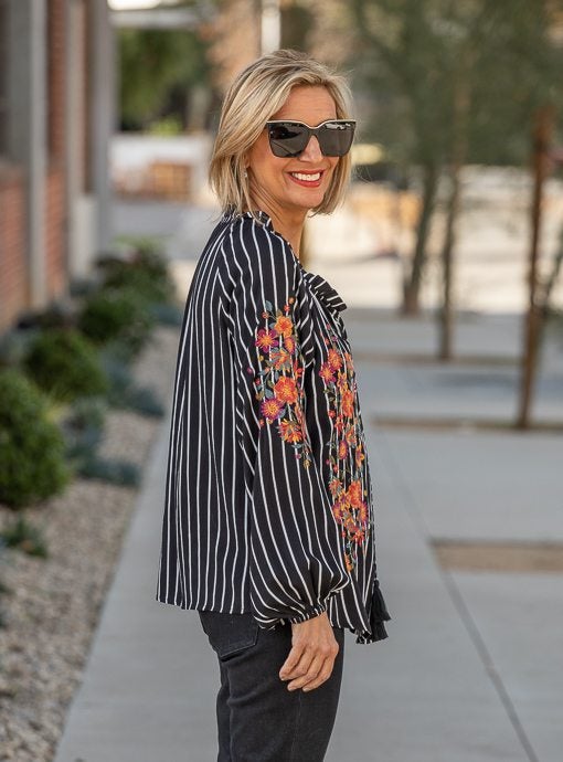 Black Ivory Stripe Blouse With Embroidery Detail - Just Style LA