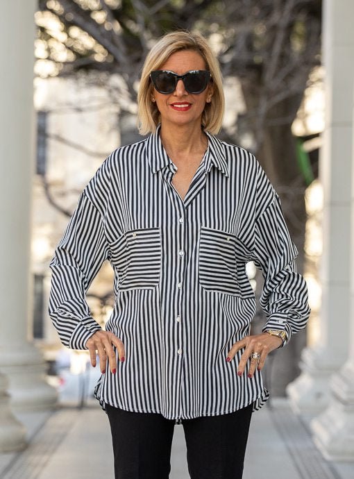 Black Ivory Stripe Silky Shirt With Roll Up Sleeves - Just Style LA