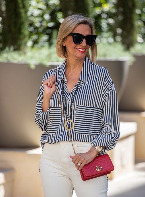Black Ivory Stripe Silky Shirt With Roll Up Sleeves – Just Style LA
