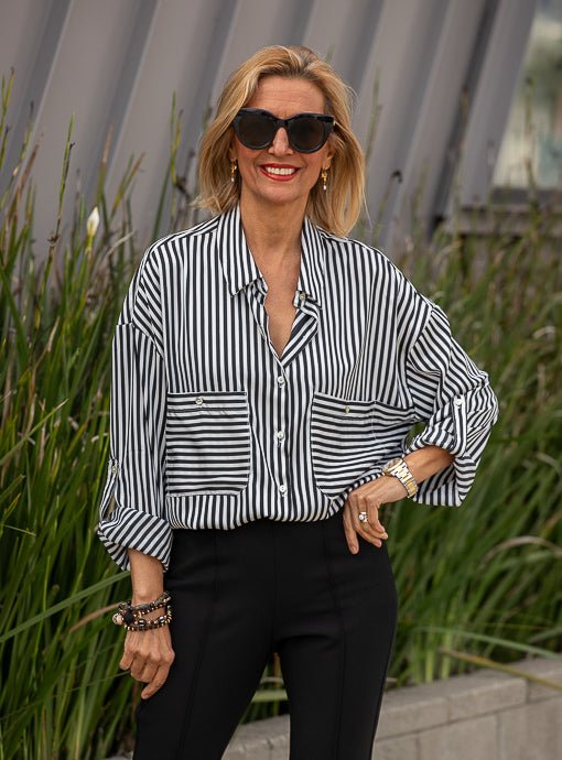 Black Ivory Stripe Silky Shirt With Roll Up Sleeves - Just Style LA
