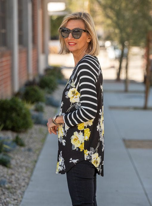 Black Ivory Yellow Floral Stripe Top - Just Style LA