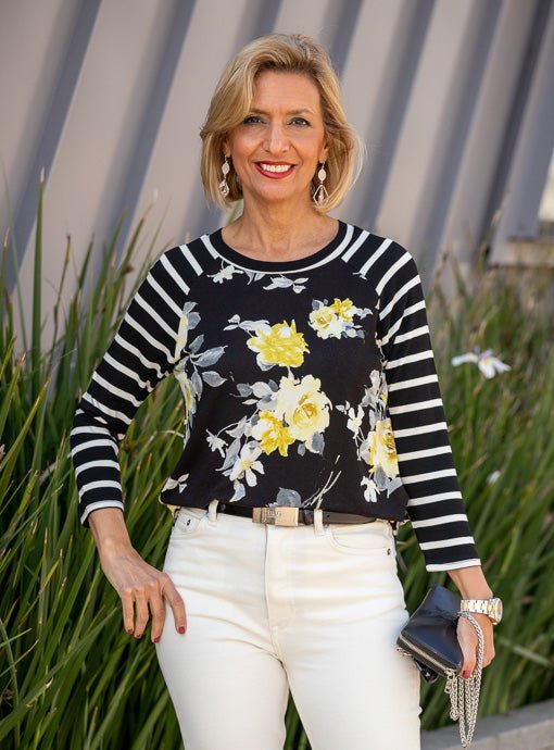 black and yellow floral top