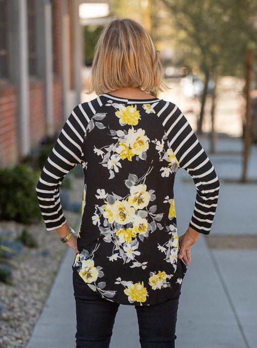 Black Ivory Yellow Floral Stripe Top - Just Style LA